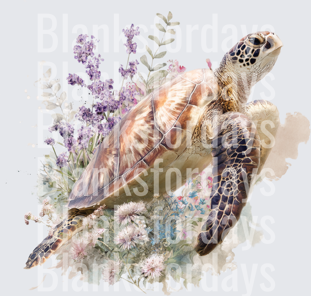 Watercolor Sea Turtle with Lavender and Wildflowers (DTF)