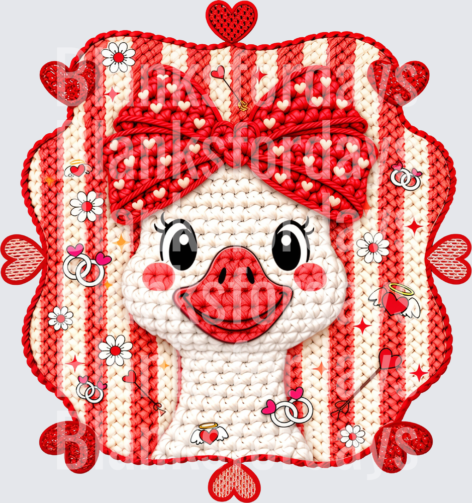 Crochet Knit Valentine Pig with Red Heart Bow and Flowers (DTF)