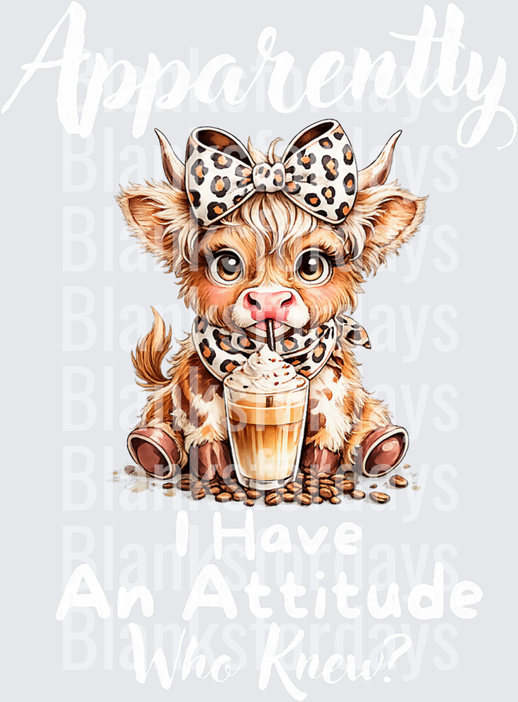 Apparently I Have An Attitude Who Knew Sassy Highland Cow with Leopard Bow and Latte (DTF)
