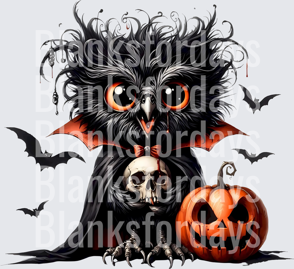 Spooky Halloween Vampire Owl with Skull and Jack-o-Lantern (DTF)