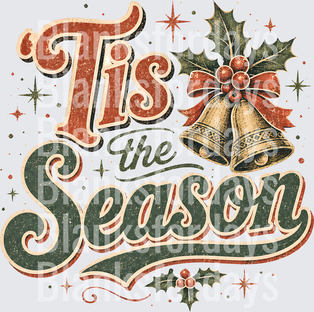 Tis The Season Retro Vintage Christmas Bells Holly Design (DTF)