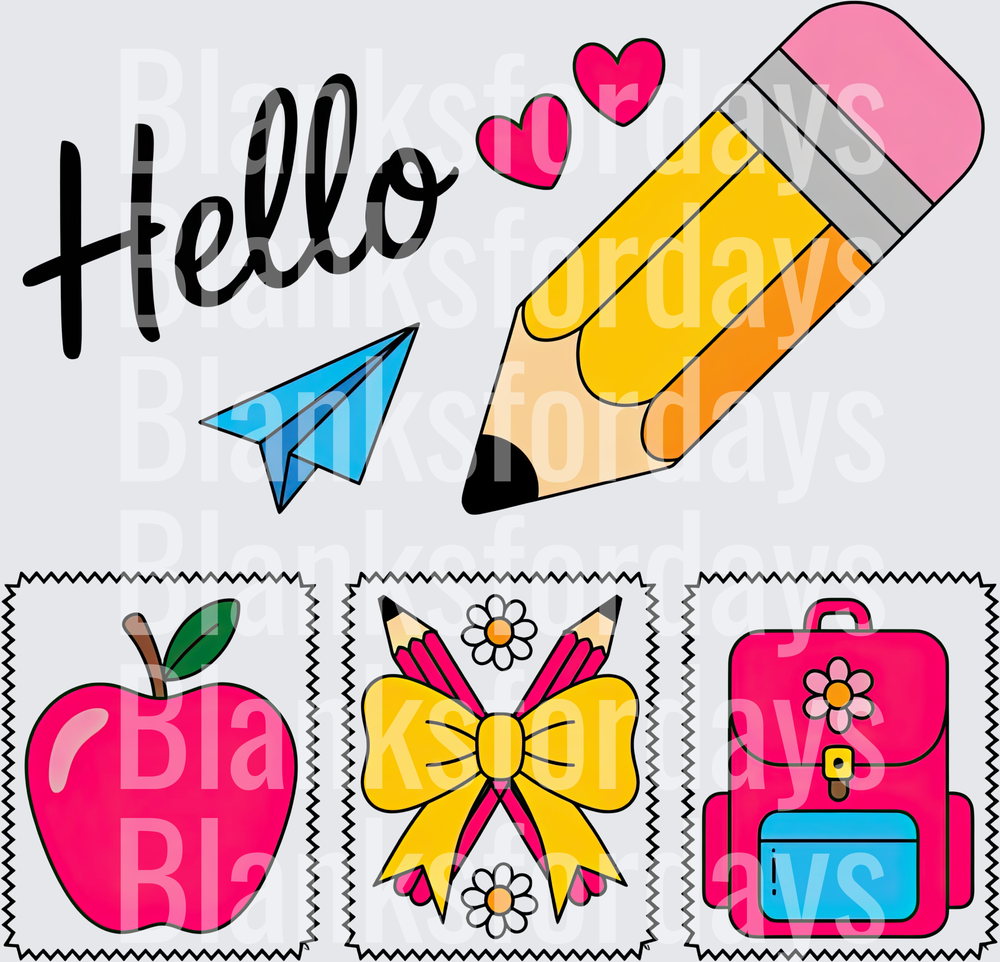 Hello Back to School Pencil Apple Bow Backpack Bundle (DTF)