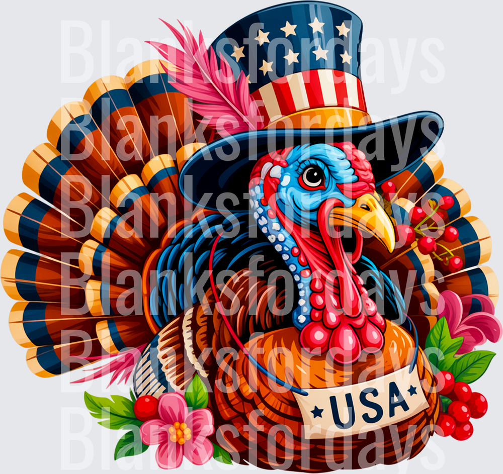 Patriotic USA Turkey with American Flag Top Hat Thanksgiving (DTF)