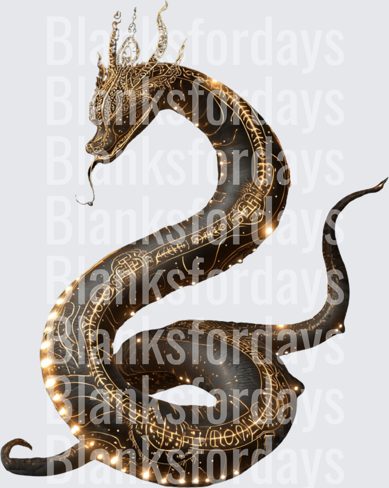 Mystical Dark Serpent Dragon with Golden Runes and Glowing Lights (DTF)