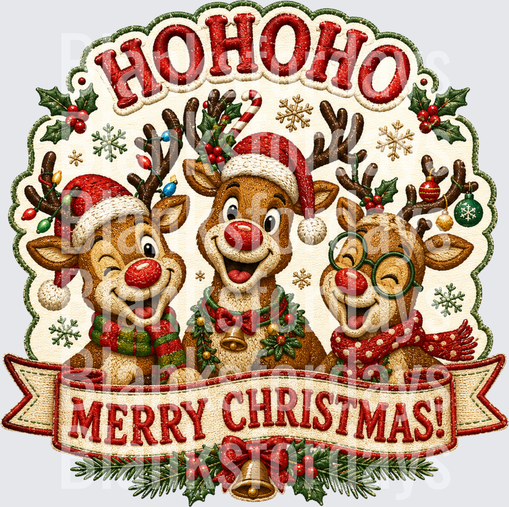 Ho Ho Ho Merry Christmas Embroidery Style Reindeer Trio (DTF)