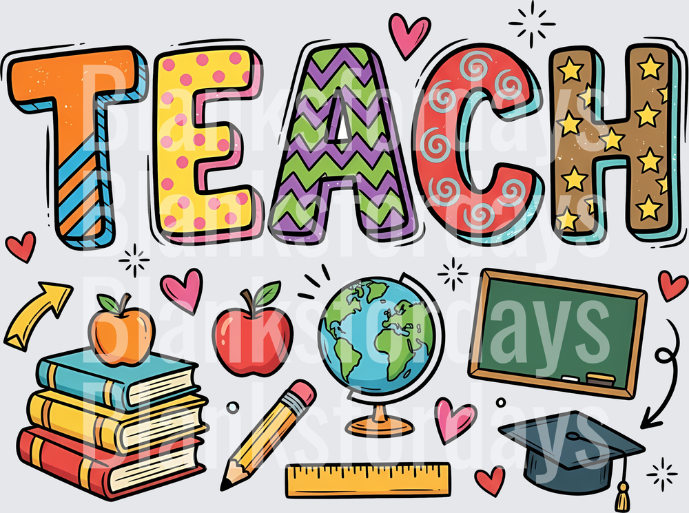 Colorful TEACH Word Art with School Icons and Hearts (DTF)