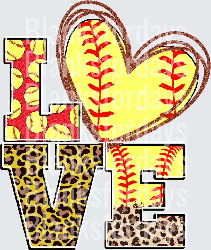 LOVE Softball Heart Leopard Print Glitter Letter Design (DTF)