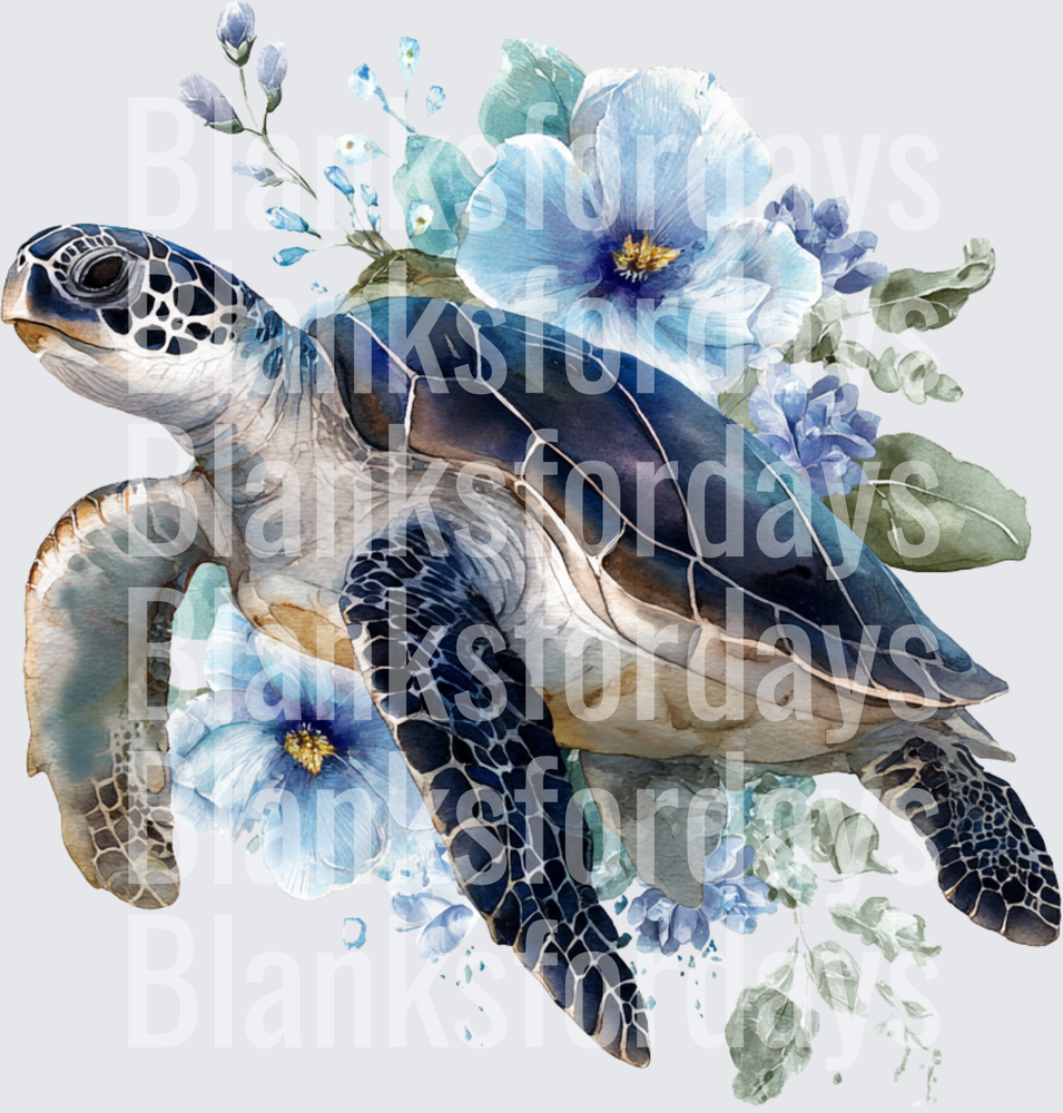 Watercolor Sea Turtle with Blue Floral Bouquet (DTF)