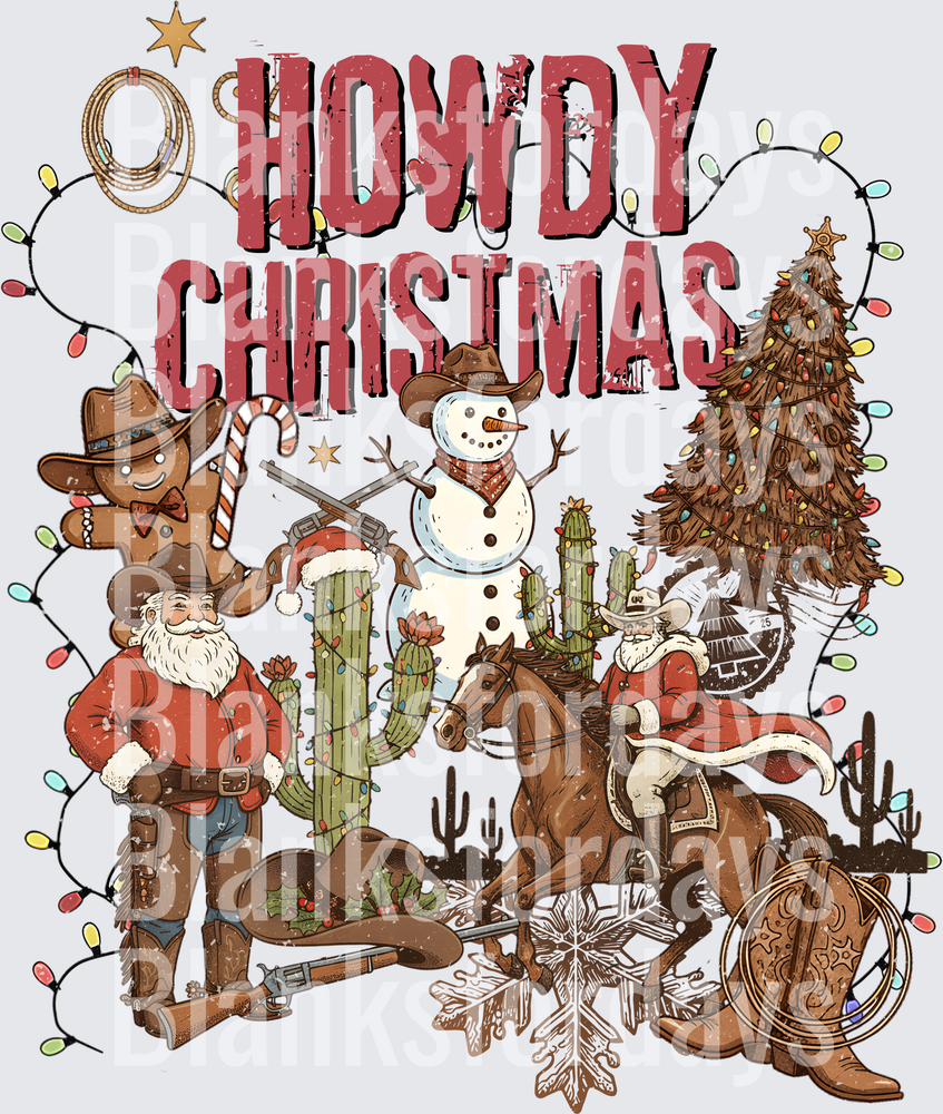 Howdy Christmas Western Santa Cowboy Snowman Holiday Scene (DTF)
