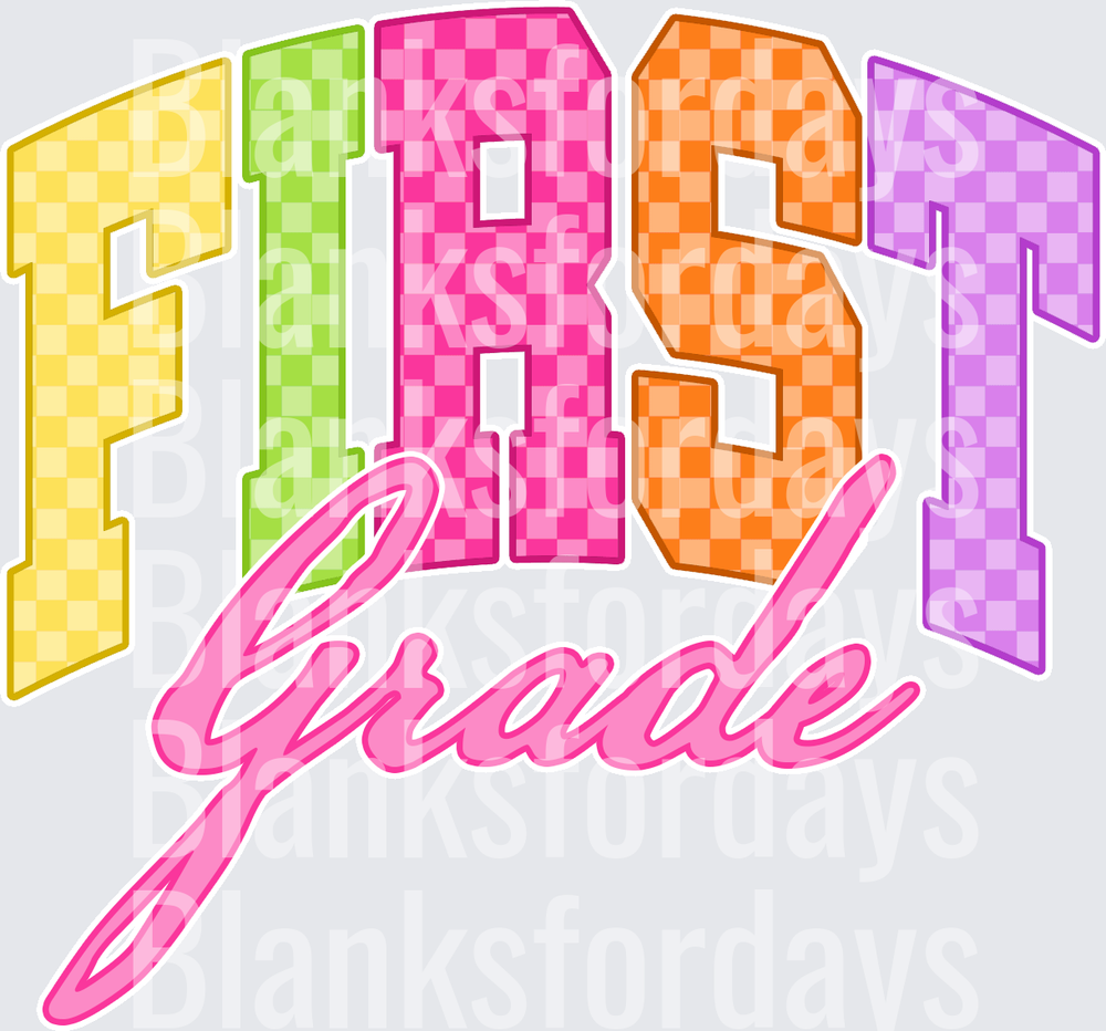 Colorful Checkered First Grade Bold Varsity Letter Design (DTF)