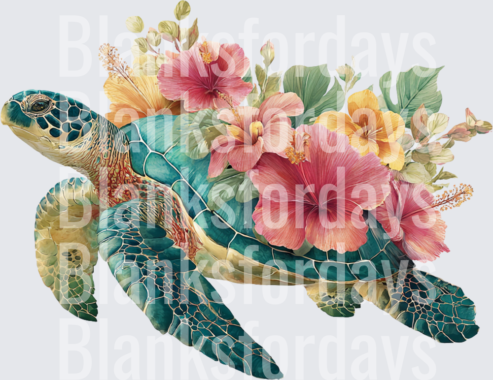 Watercolor Sea Turtle with Tropical Hibiscus Floral Bouquet (DTF)
