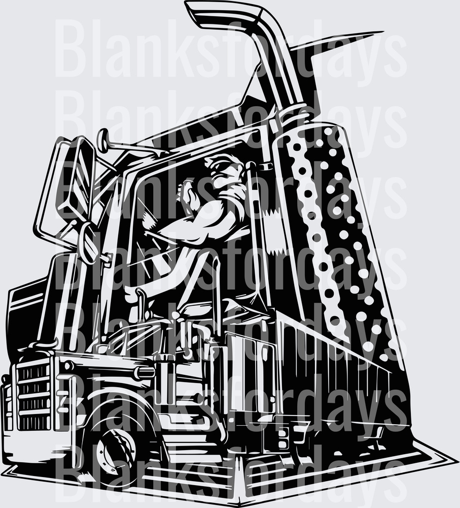Muscular Trucker Driving Big Rig Semi Truck Black White Art (DTF)