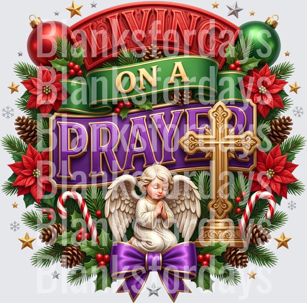 Praying On A Prayer Christmas Angel Cross Holiday Wreath (DTF)