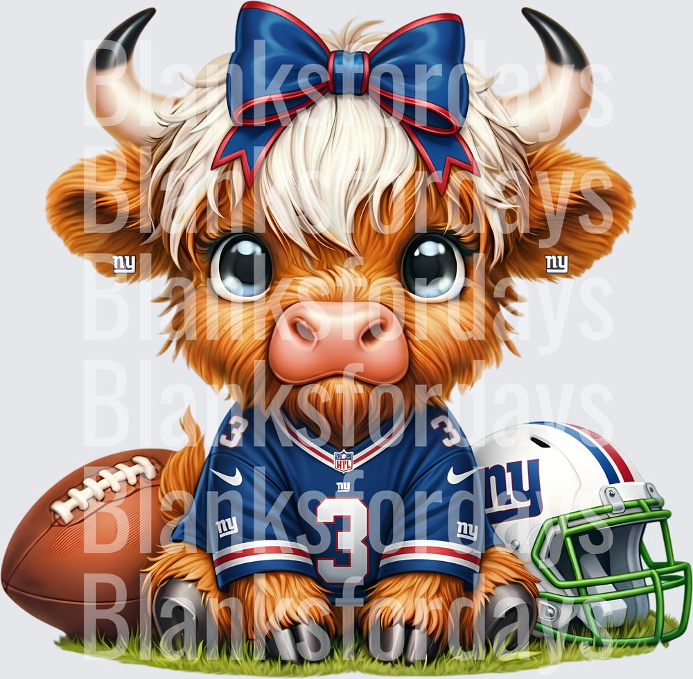 Cute Highland Cow NY Giants Fan Girl With Bow and Jersey (DTF)
