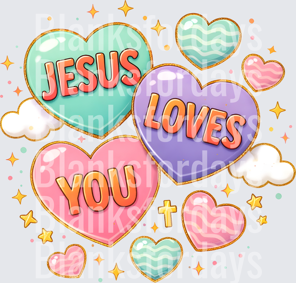 Jesus Loves You Pastel Candy Hearts Gold Glitter Christian (DTF)