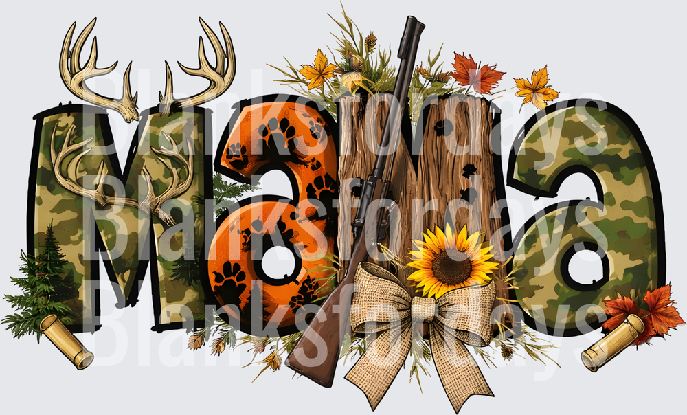 Hunting Mama Camo Deer Antlers Sunflower Rifle Fall Leaves (DTF)