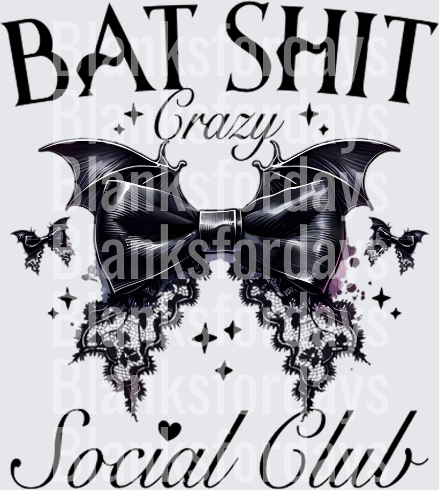 Bat Shit Crazy Social Club Gothic Bat Wings Bow Skull Lace (DTF)