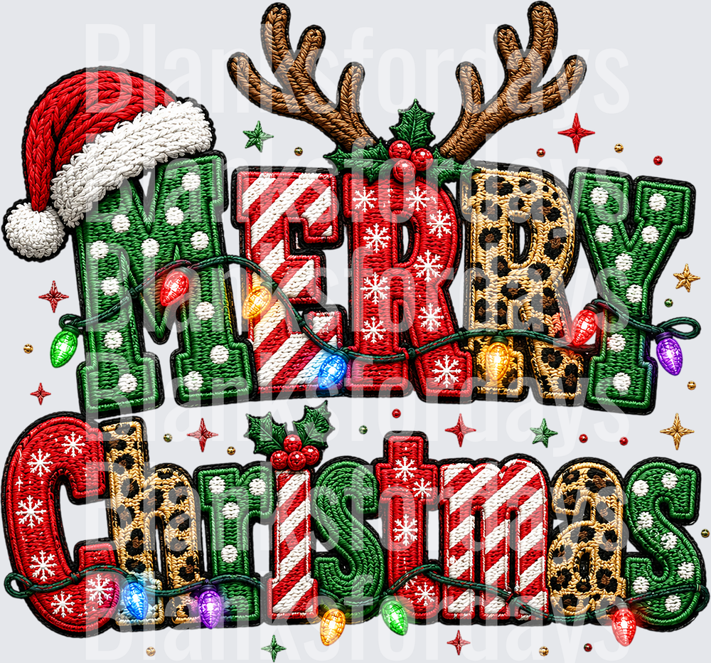 Merry Christmas Embroidered Faux Patch Santa Hat Reindeer Antlers String Lights Leopard Mixed Pattern Holiday Lettering (DTF)