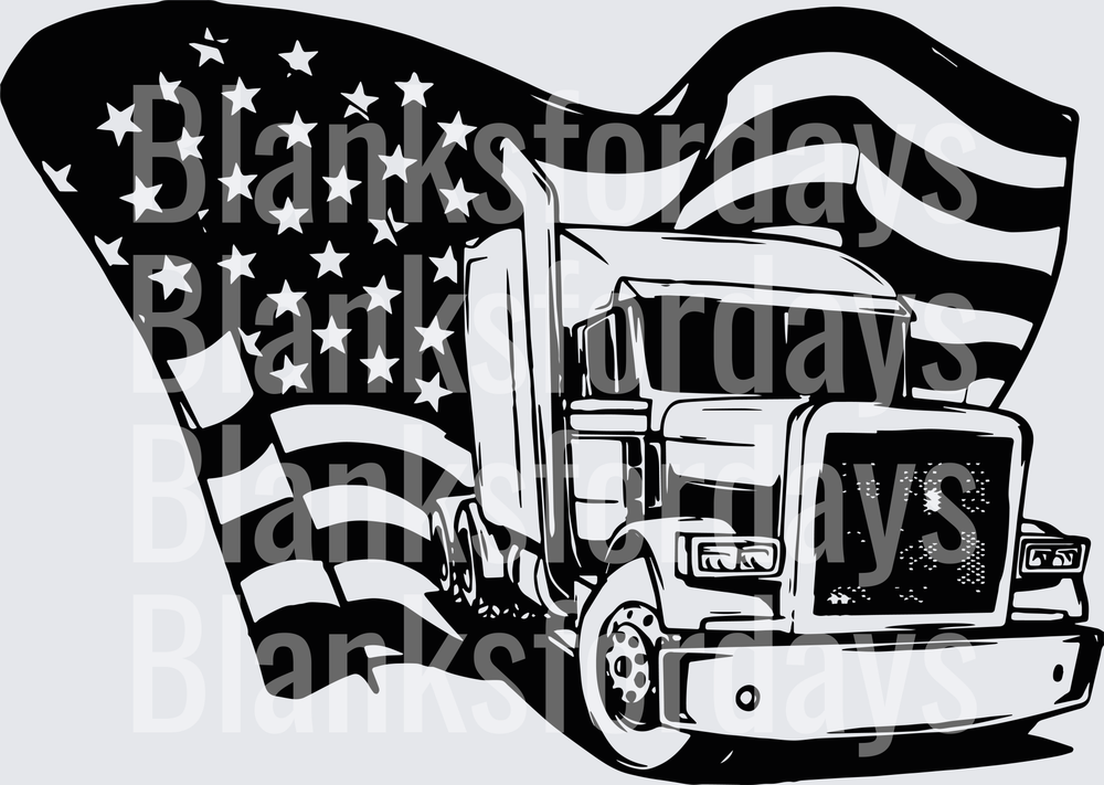 American Semi Truck Big Rig Patriotic US Flag Black White (DTF)