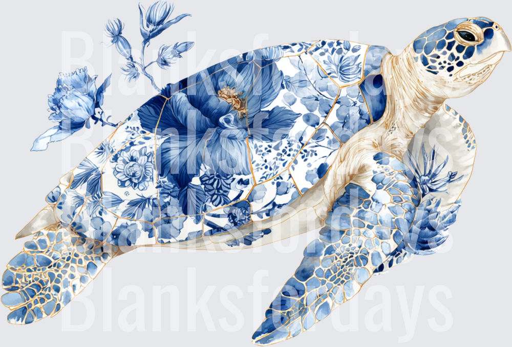 Blue and White Floral Chinoiserie Sea Turtle with Gold Trim (DTF)