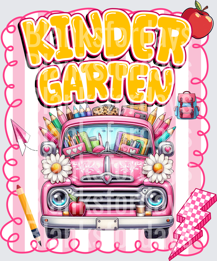 Kindergarten Pink Vintage Truck Overflowing School Supplies (DTF)