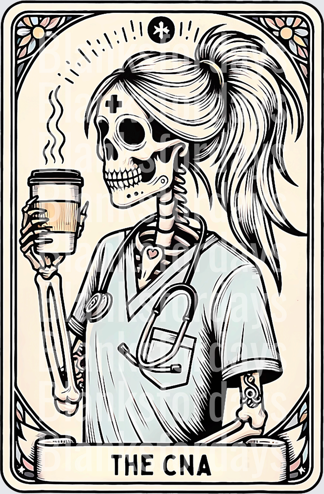 The CNA Skeleton Tarot Card Nurse Coffee Scrubs (DTF)