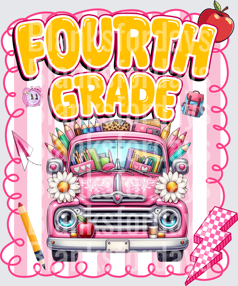 Fourth Grade Pink Vintage Truck School Supplies Floral (DTF)