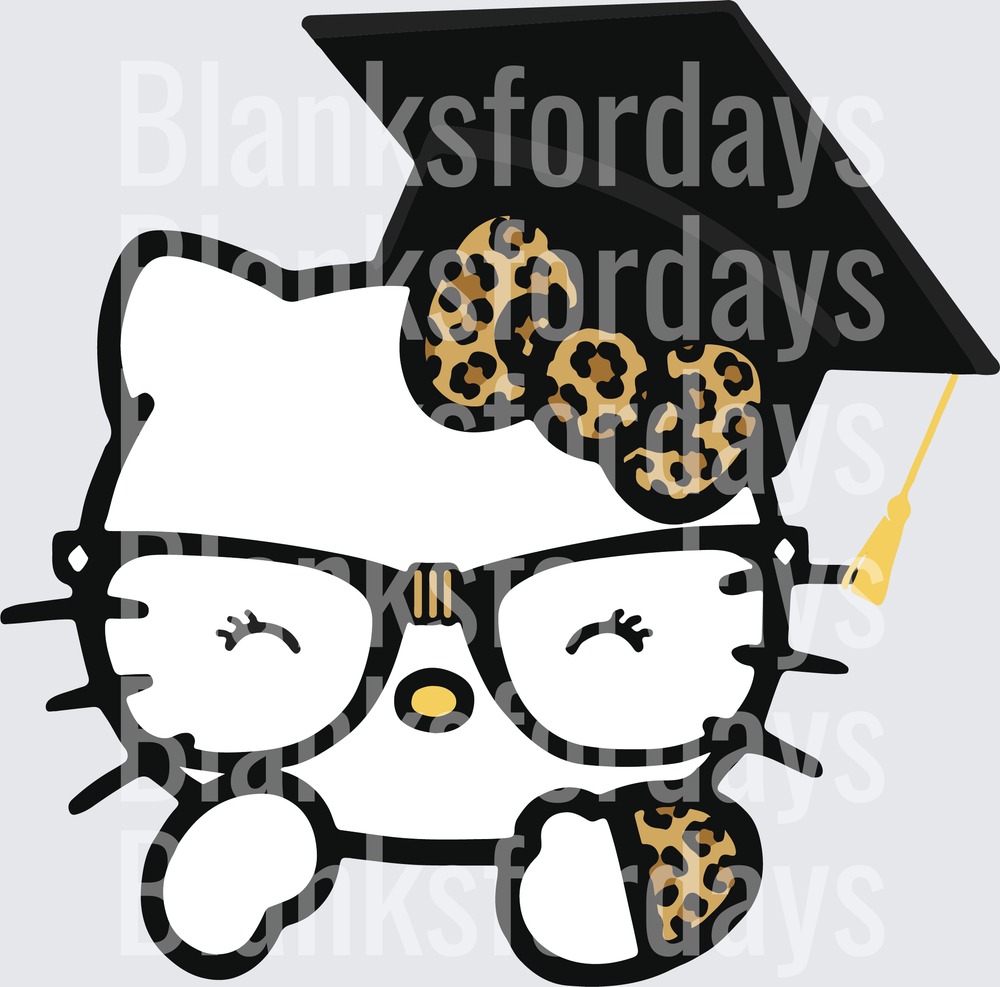 Hello Kitty Graduation Cap Glasses Leopard Print Bow (DTF)
