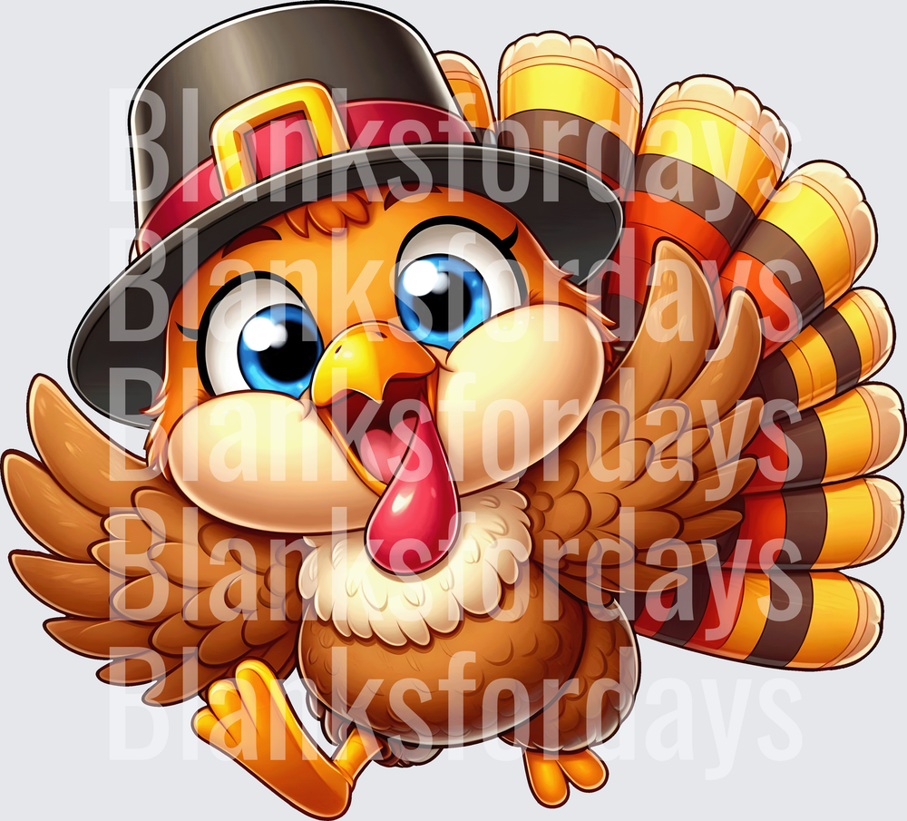 Cute Cartoon Thanksgiving Turkey Pilgrim Hat Blue Eyes (DTF)
