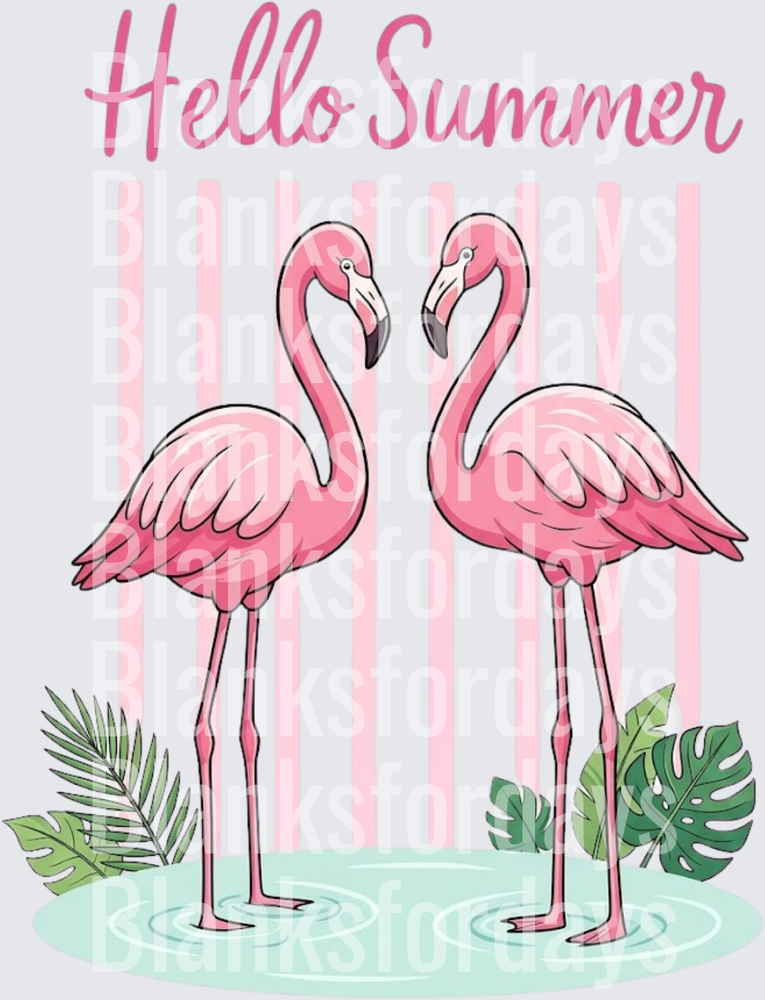 Hello Summer Pink Flamingo Pair Tropical Leaves Design (DTF)