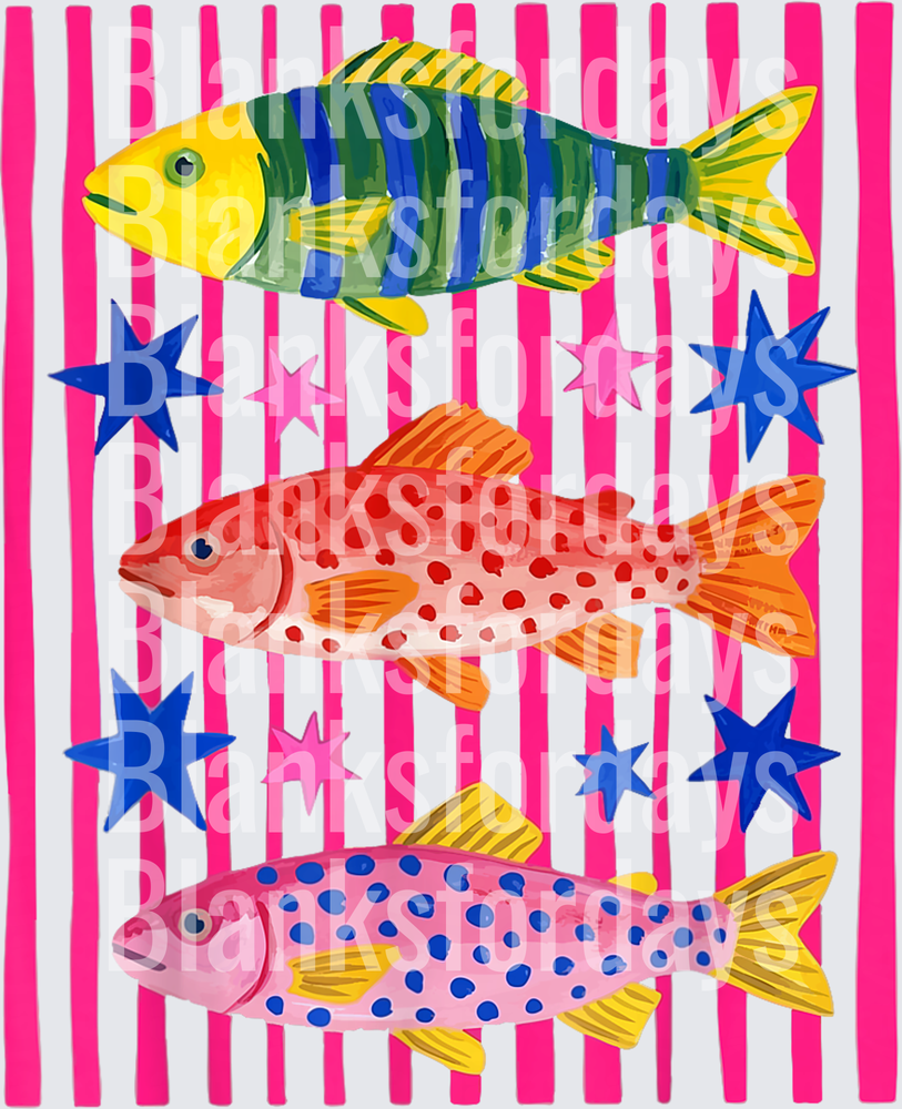 Colorful Striped Fish Trio with Blue Stars Pink Stripes (DTF)