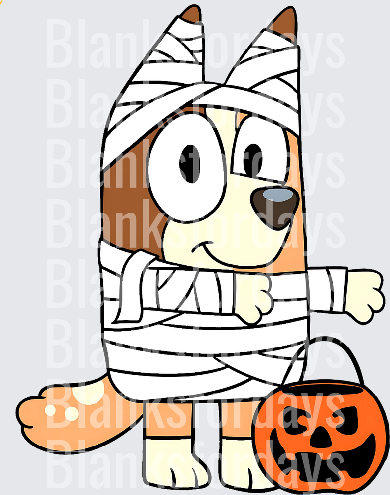 Bingo Heeler Halloween Mummy Costume with Jack-o-Lantern Bucket (DTF)