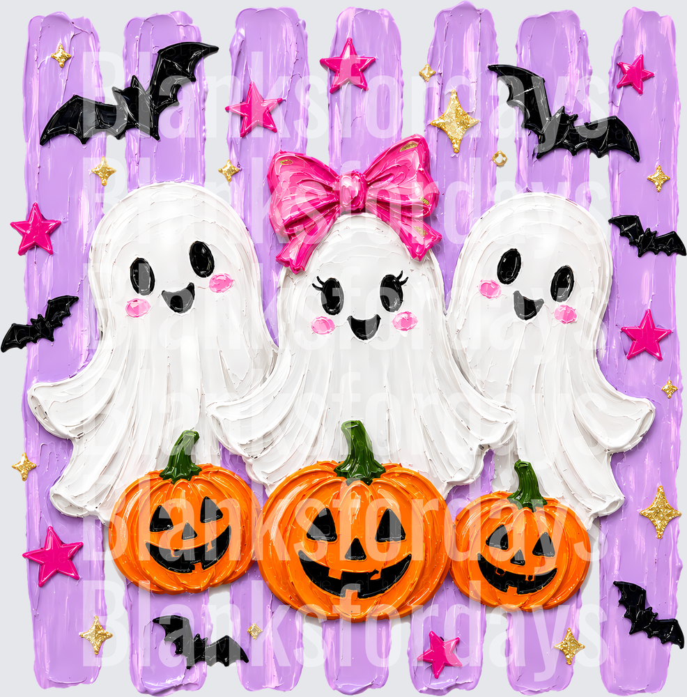 Cute Girly Ghost Trio Pumpkins Bats Halloween Purple (DTF)