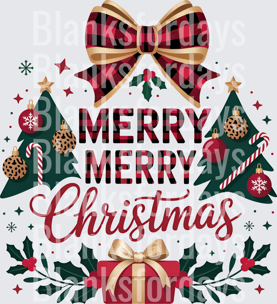 Merry Merry Christmas Buffalo Plaid Bow Holiday Trees (DTF)