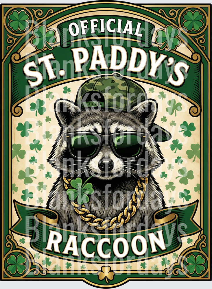Official St. Paddy's Raccoon Cool Shades Gold Chain Shamrock (DTF)