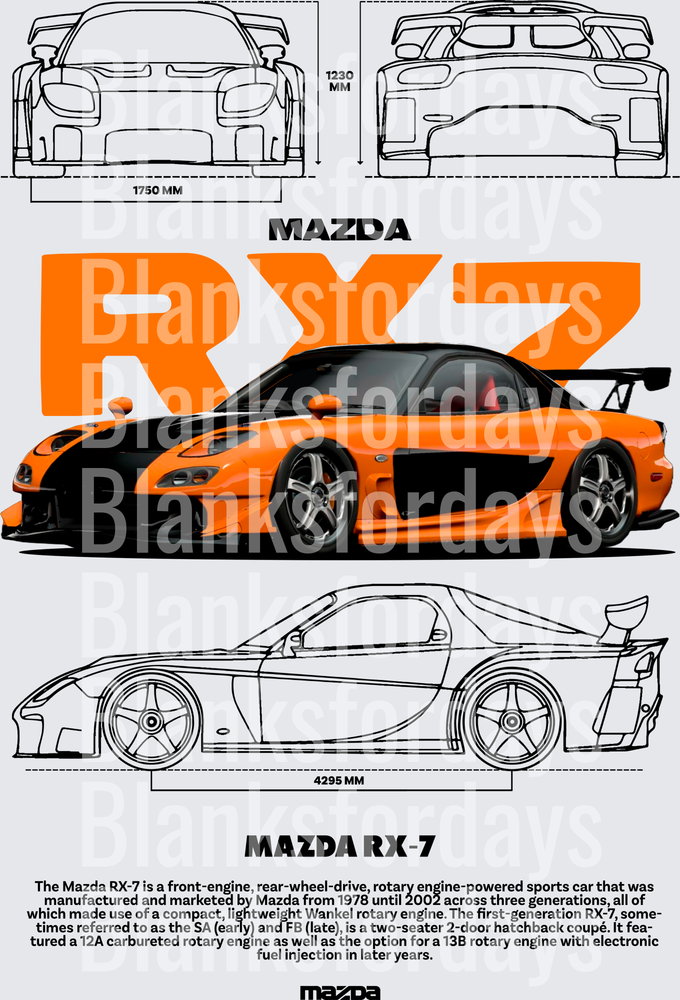 Mazda RX-7 Blueprint Technical Diagram Orange JDM Sports Car (DTF)