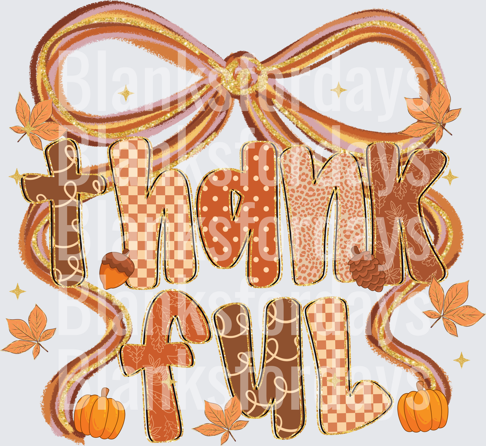 Thankful Fall Patchwork Bow Pumpkins Autumn Leaves Design (DTF)