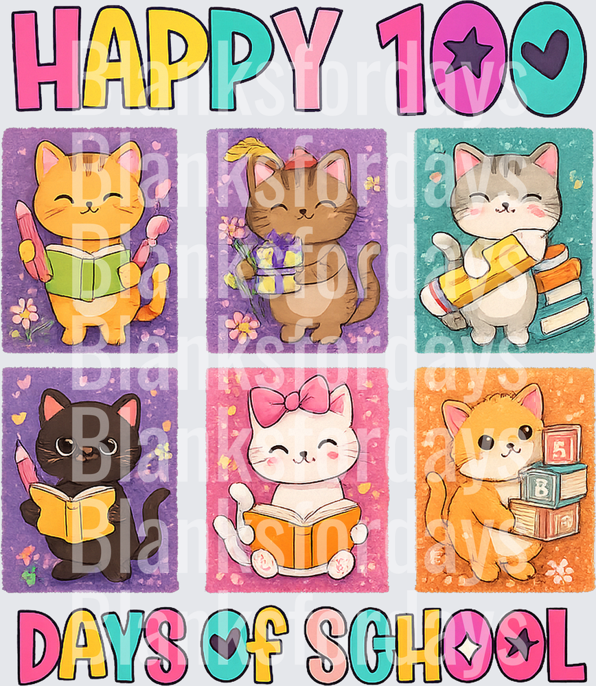 Happy 100 Days of School Cute Kawaii Cats Reading Books (DTF)