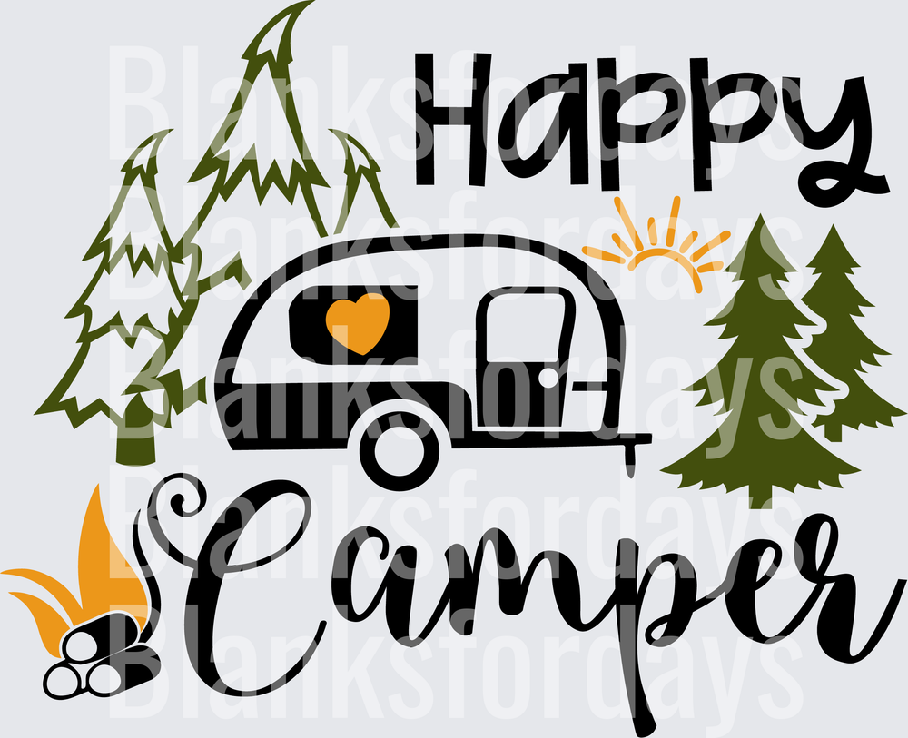 Happy Camper Camping Trailer Pine Trees Campfire Sun Design (DTF)