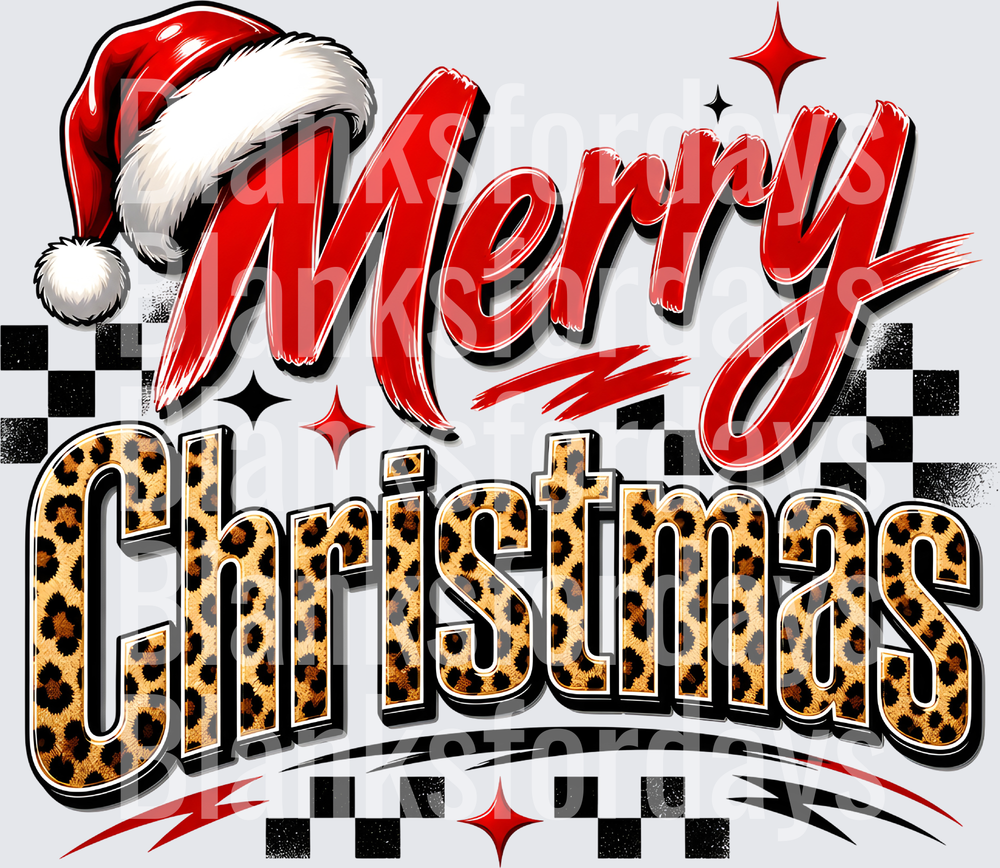Merry Christmas Red Script Leopard Print Santa Hat Checker (DTF)
