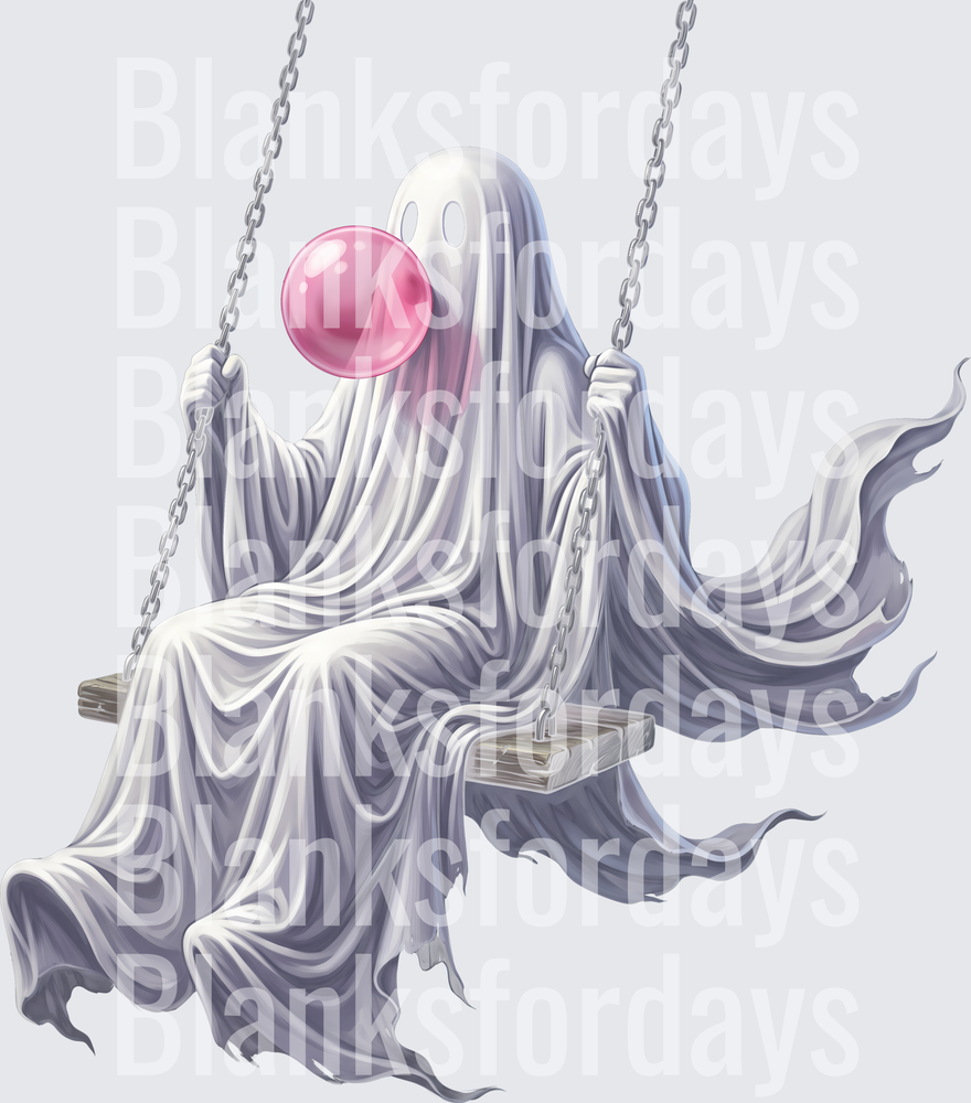 Ghost Sitting on Swing Blowing Pink Bubble Gum (DTF)