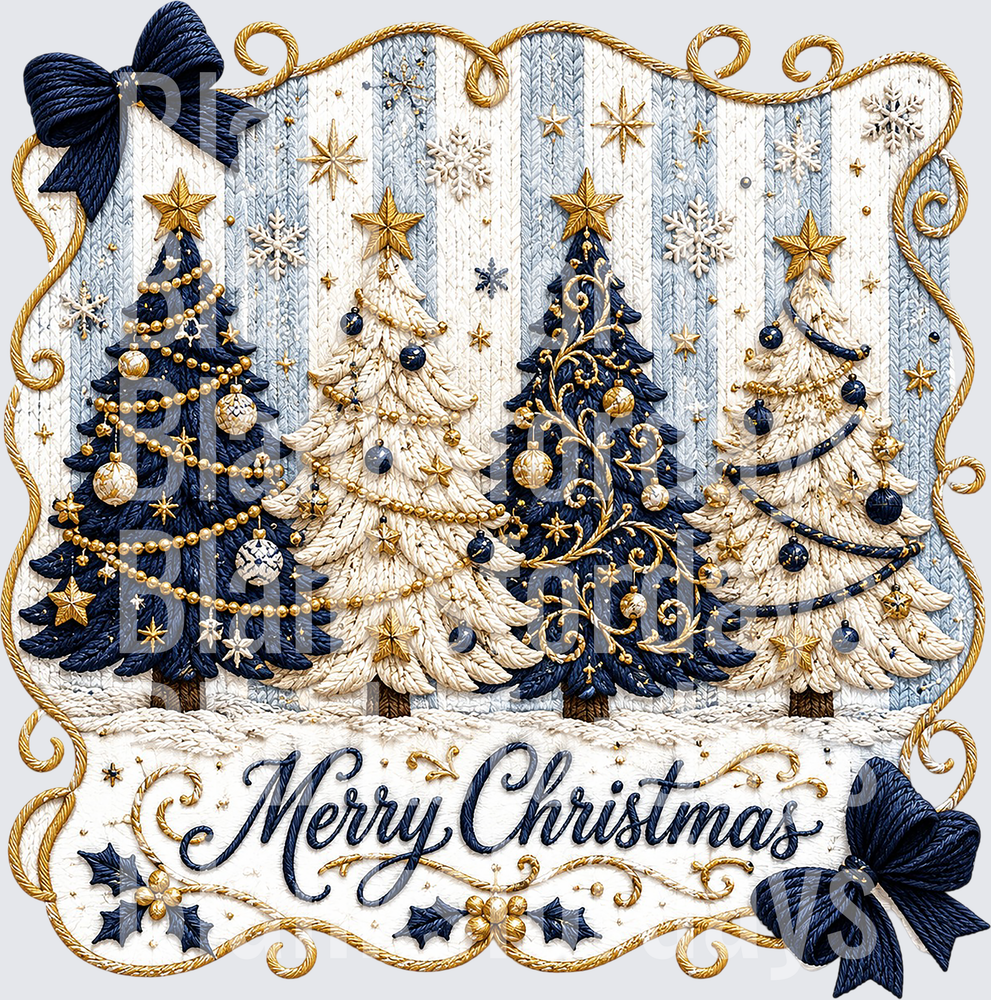 Merry Christmas Navy Blue Gold Embroidered Knit Trees (DTF)