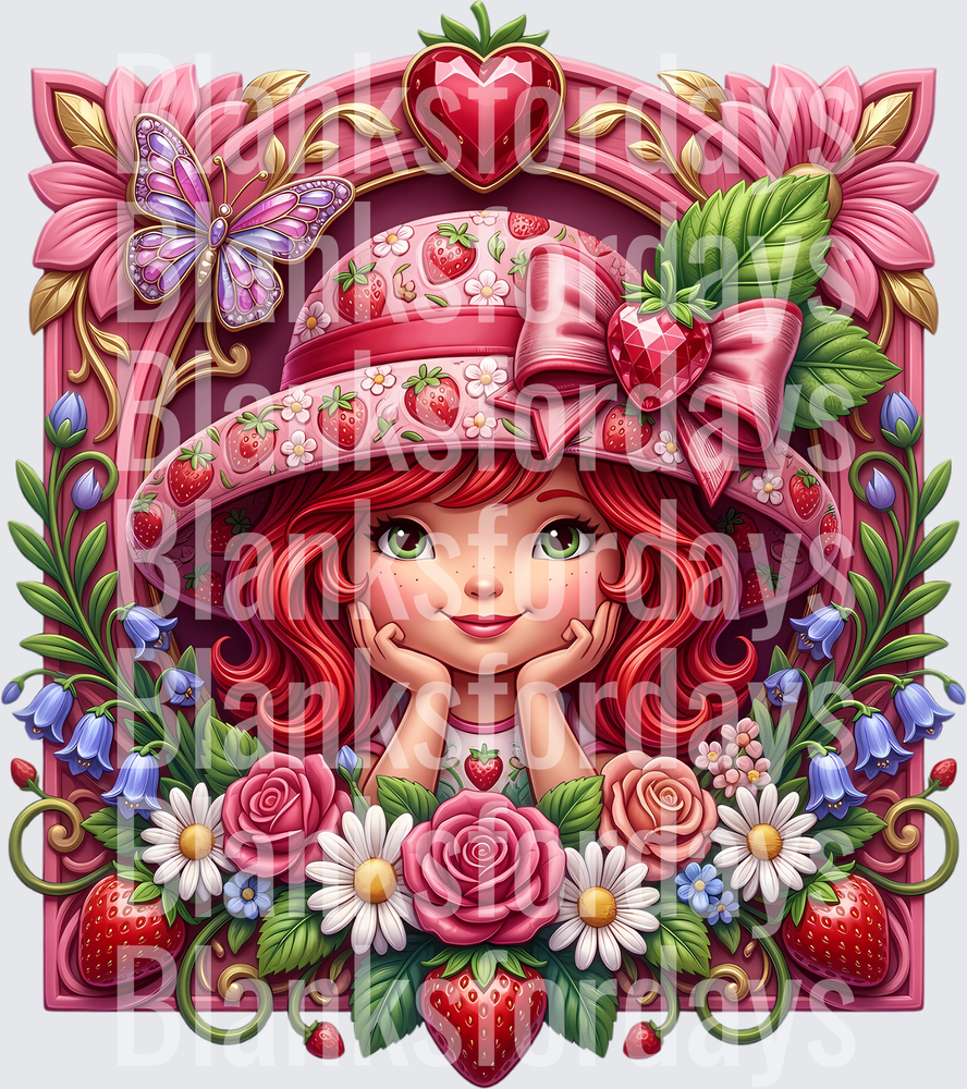 Strawberry Shortcake Floral Jewel Frame with Butterfly (DTF)