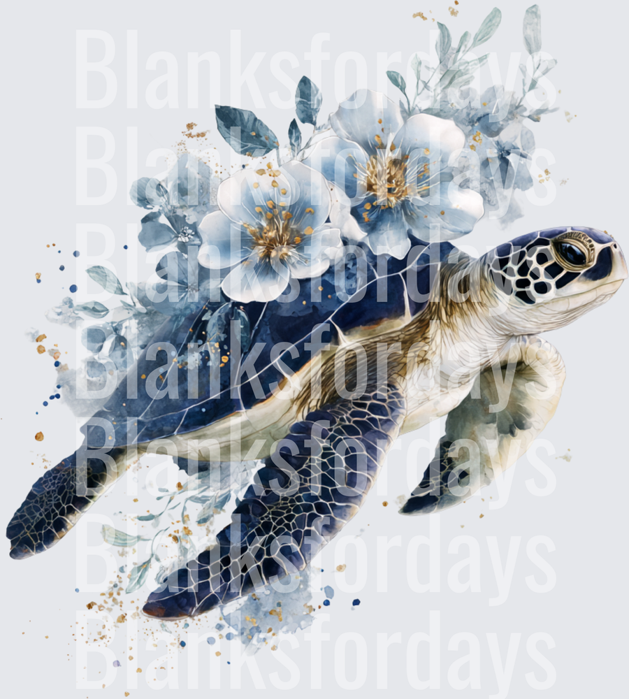 Watercolor Sea Turtle with Blue Floral Bouquet Gold Accents (DTF)