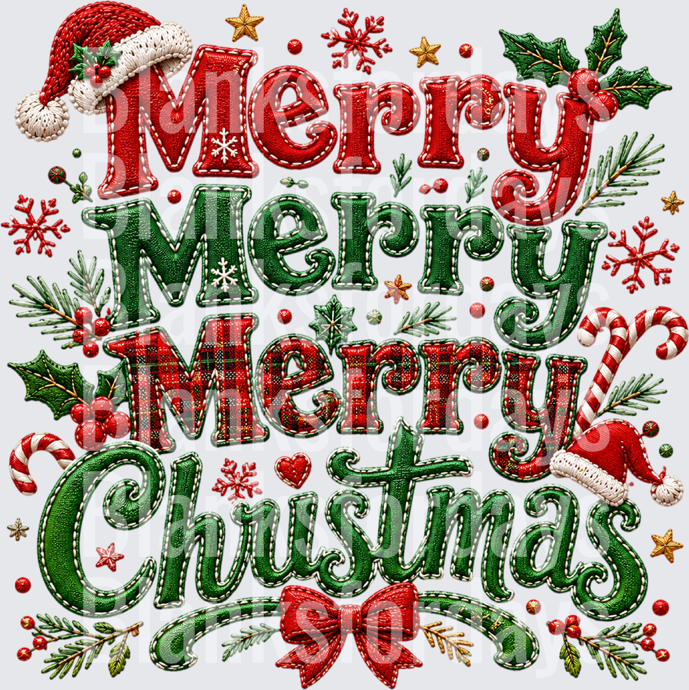 Merry Merry Merry Christmas Embroidery Faux Stitch Holiday (DTF)