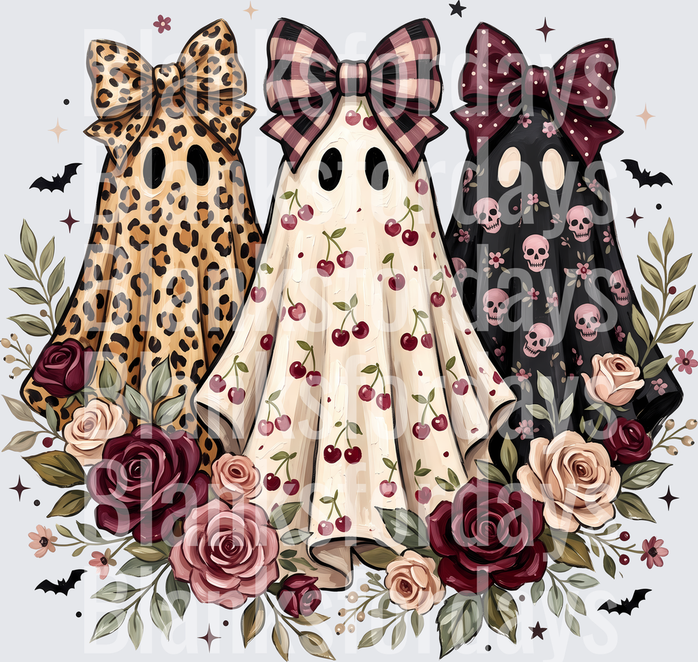 Three Halloween Ghosts with Bows Leopard Cherry Skull Floral (DTF)