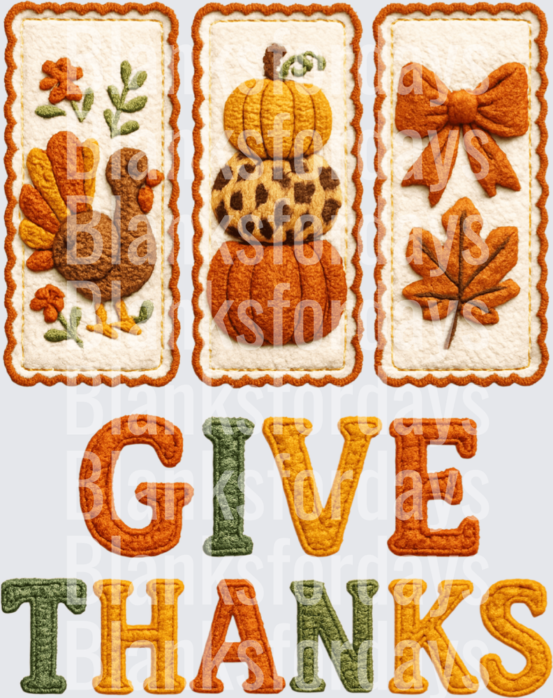 Chenille Give Thanks Thanksgiving Turkey Pumpkin Patch Bow Fall Leaf Trio Panel (DTF)