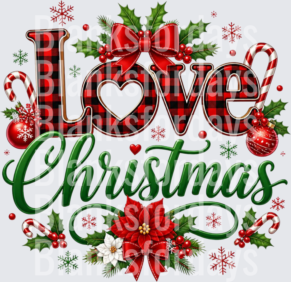 Love Christmas Buffalo Plaid Letters Holly Poinsettia Design (DTF)