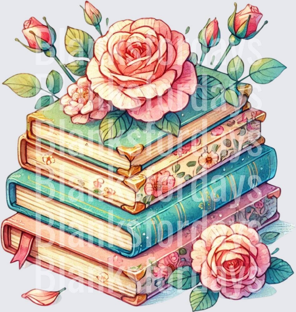 Watercolor Stacked Books With Pink Roses Floral Bouquet (DTF)