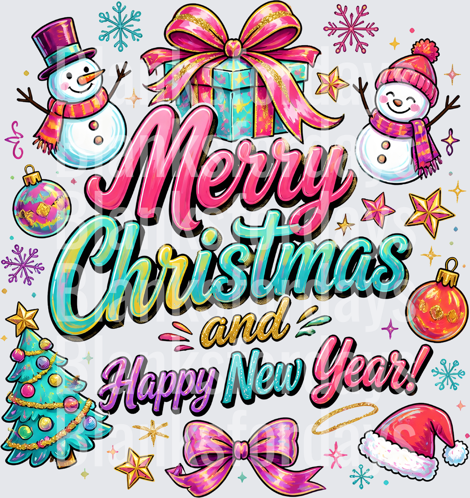 Merry Christmas Happy New Year Colorful Snowman Holiday (DTF)